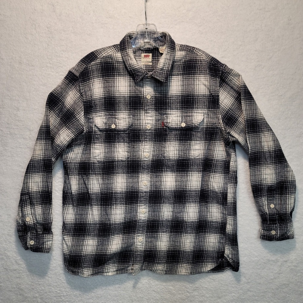 Levis Relaxed Back White Gray Button Down Flannel Shirt Men's Large Pre-Owned